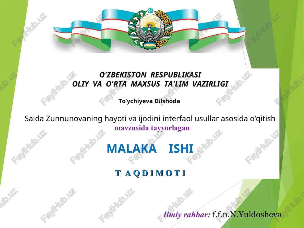 saida zunnunovaning hayoti va ijodini interfaol usullar asosida o‘qitish — PPT