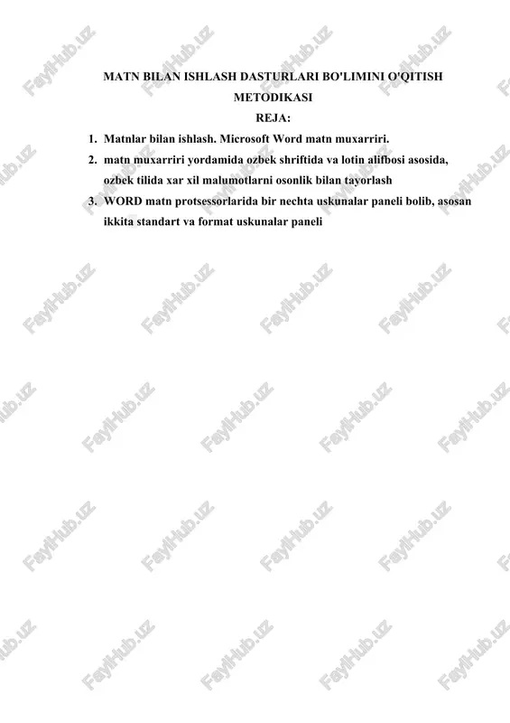 matn bilan ishlash dasturlari bo'limini o'qitish metodikasi — DOCX