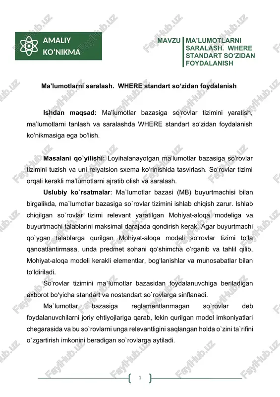 ma’lumotlarni saralash. where standart so‘zidan foydalanish — DOCX