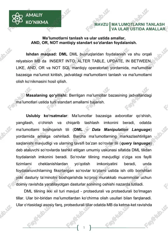 ma’lumotlarni tanlash va ular ustida amallar — DOCX