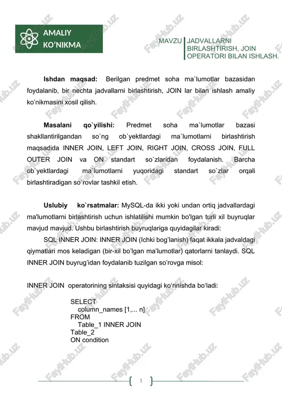 jadvallarni birlashtirish, join operatori bilan ishlash — DOCX
