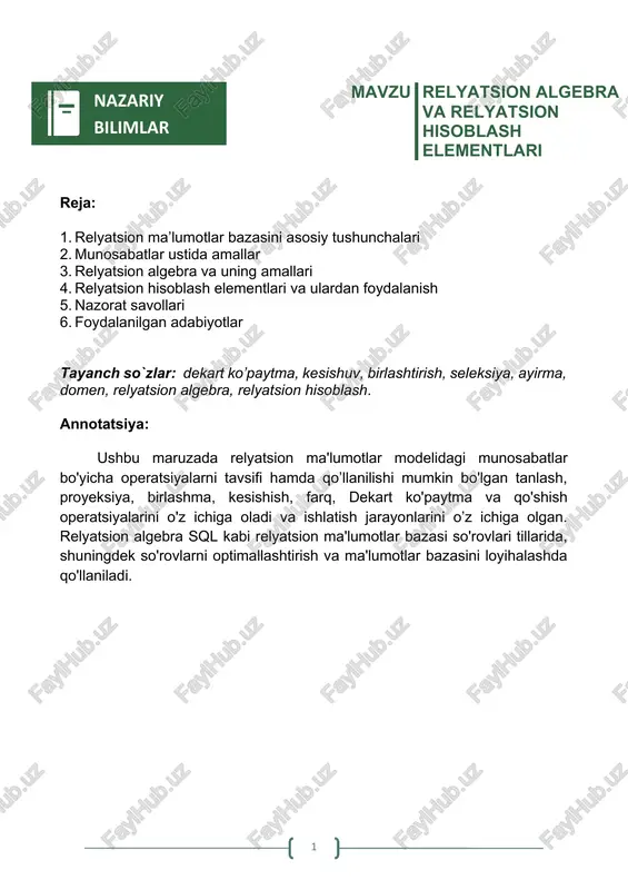 relyatsion algebra va relyatsion hisoblash elementlari — DOCX