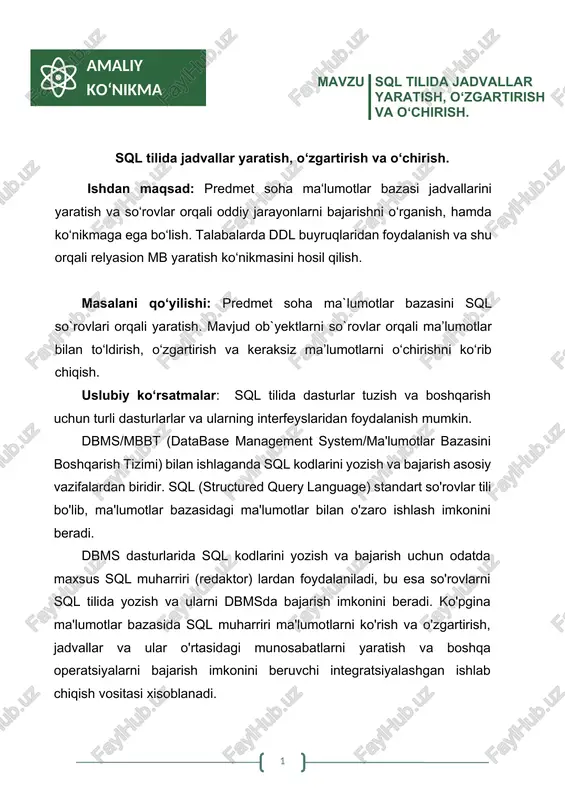 sql tilida jadvallar yaratish, o‘zgartirish va o‘chirish — DOCX