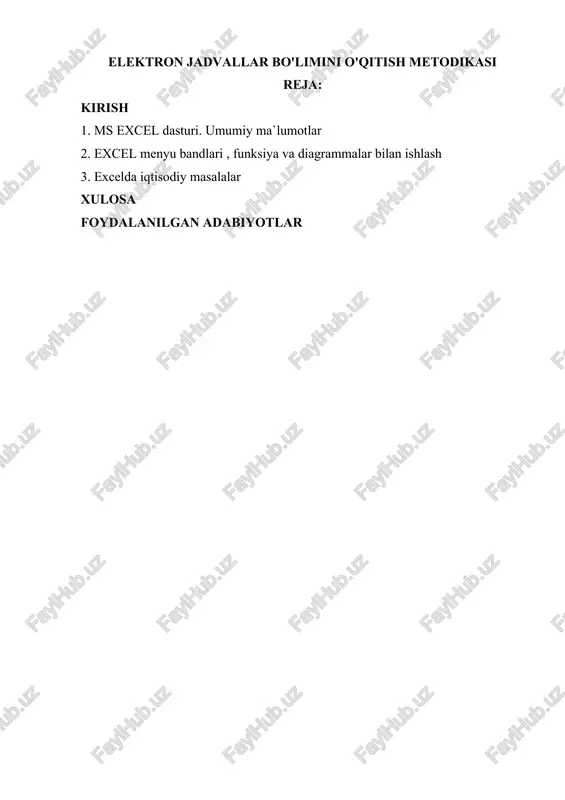 elektron jadvallar bo'limini o'qitish metodikasi — DOCX