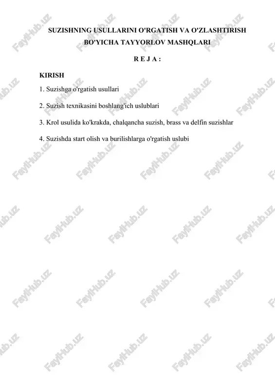 suzishning usullarini o'rgatish va o'zlashtirish bo'yicha tayyorlov mashqlari — DOCX