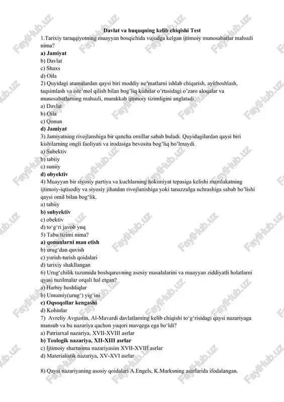 davlat va huquqning kelib chiqishi test — DOC