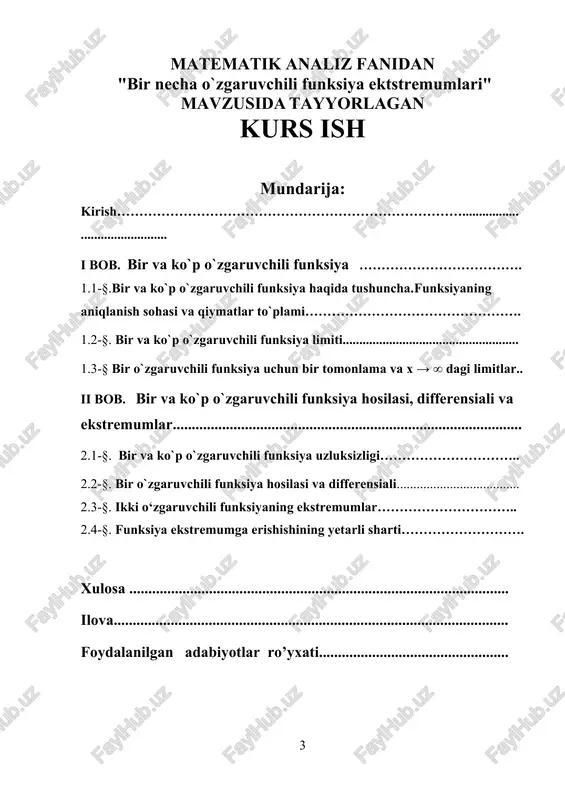 bir necha o`zgaruvchili funksiya ektstremumlari — DOCX