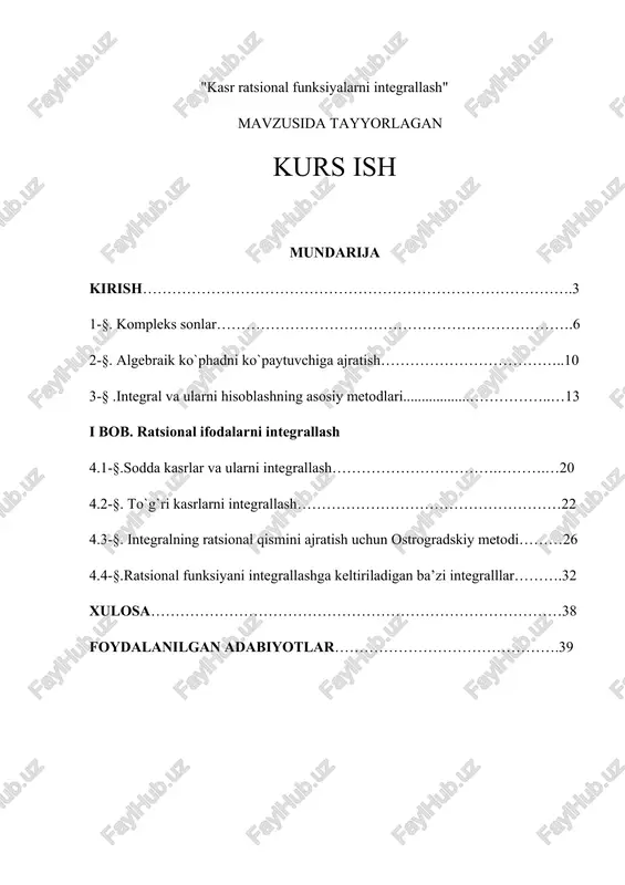 kasr ratsional funksiyalarni integrallash — DOCX