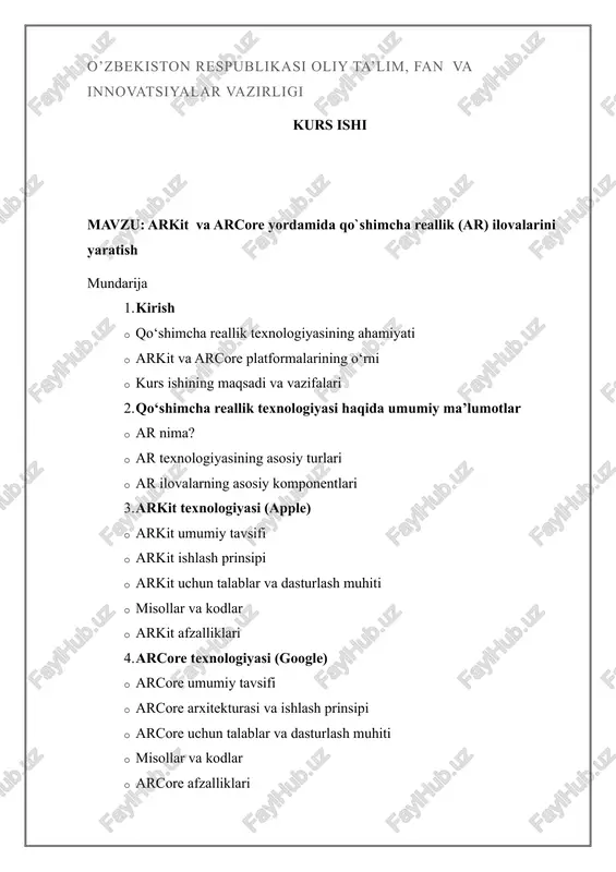 arkit va arcore yordamida qo`shimcha reallik (ar) ilovalarini yaratish — DOCX