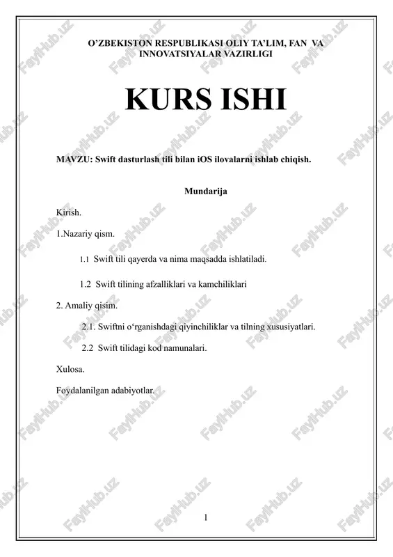 swift dasturlash tili bilan ios ilovalarni ishlab chiqish — DOCX