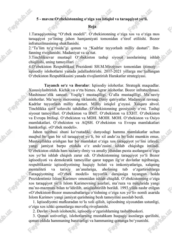 o‘zbekistonning o‘ziga xos istiqlol va taraqqiyot yo‘li — DOCX