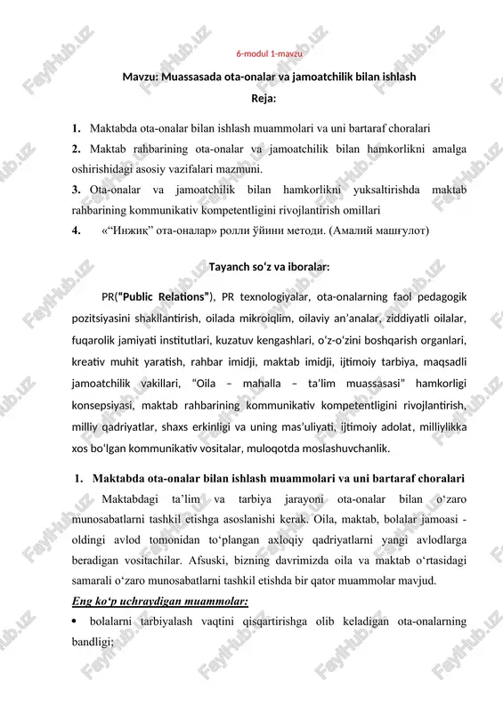 muassasada ota-onalar va jamoatchilik bilan ishlash — DOCX