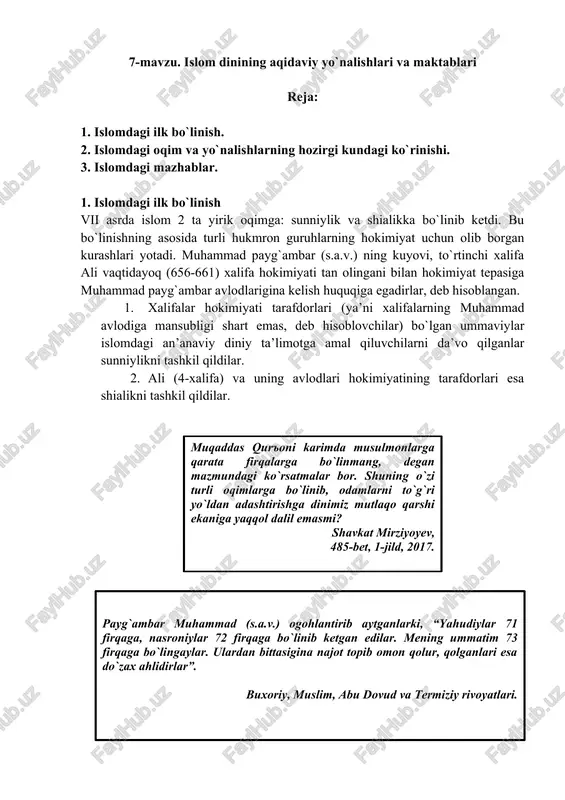 7-mavzu. islom dinining aqidaviy yo`nalishlari va maktablari — DOCX