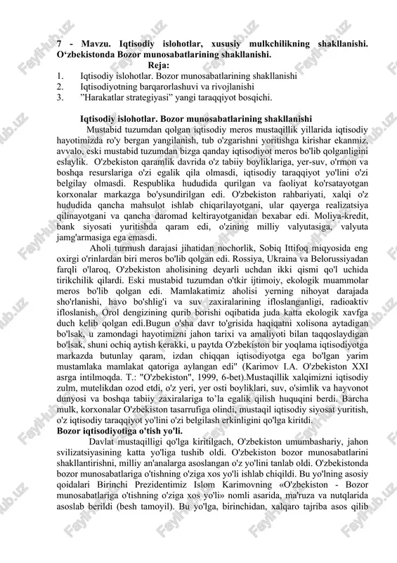 iqtisodiy islohotlar. bozor munosabatlarining shakllanishi — DOCX