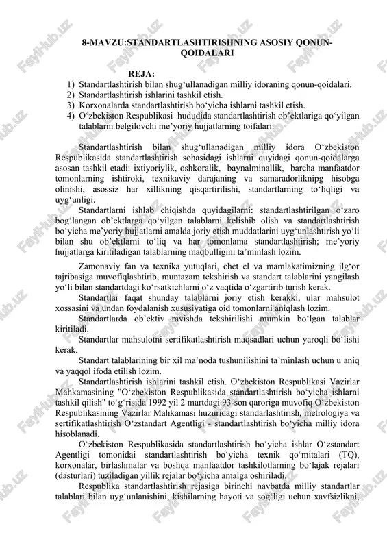 standartlashtirishning asosiy qonun-qoidalari — DOCX