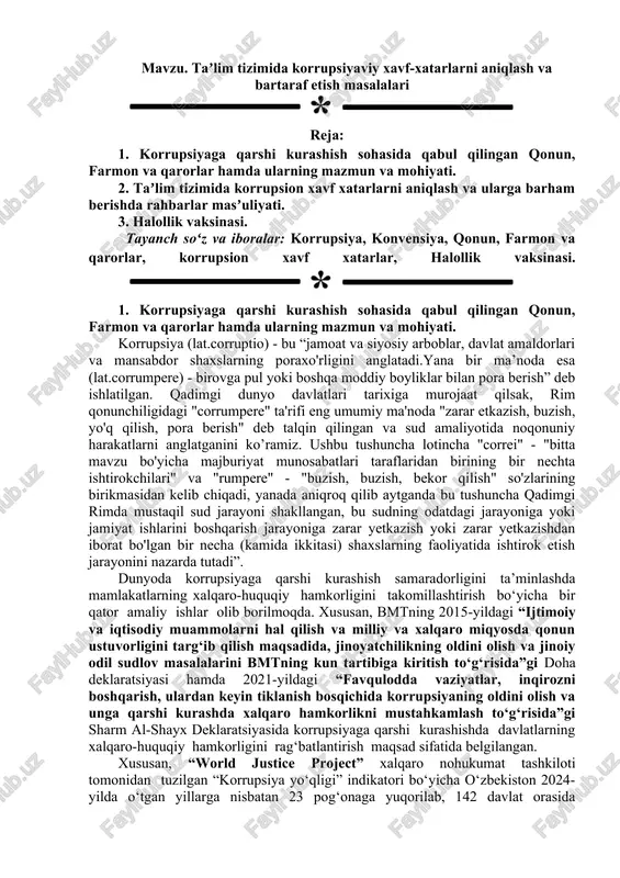 korrupsiyaviy xavf-xatarlarni aniqlash va bartaraf etish — DOCX