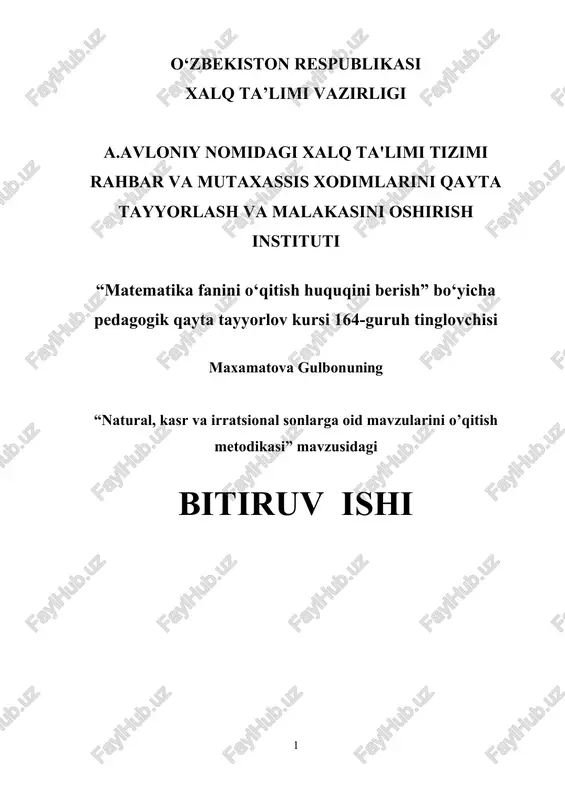 natural, kasr va irratsional sonlarga oid mavzularini o’qitish metodikasi — DOCX