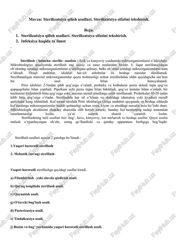sterilizatsiya qilish usullari — DOCX
