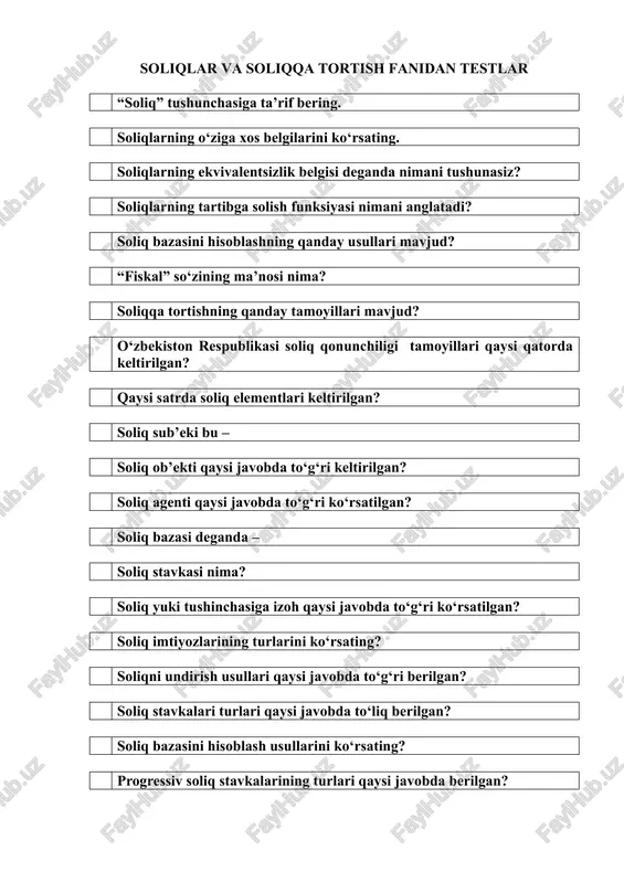 soliqlar va soliqqa tortish fanidan testlar — DOCX
