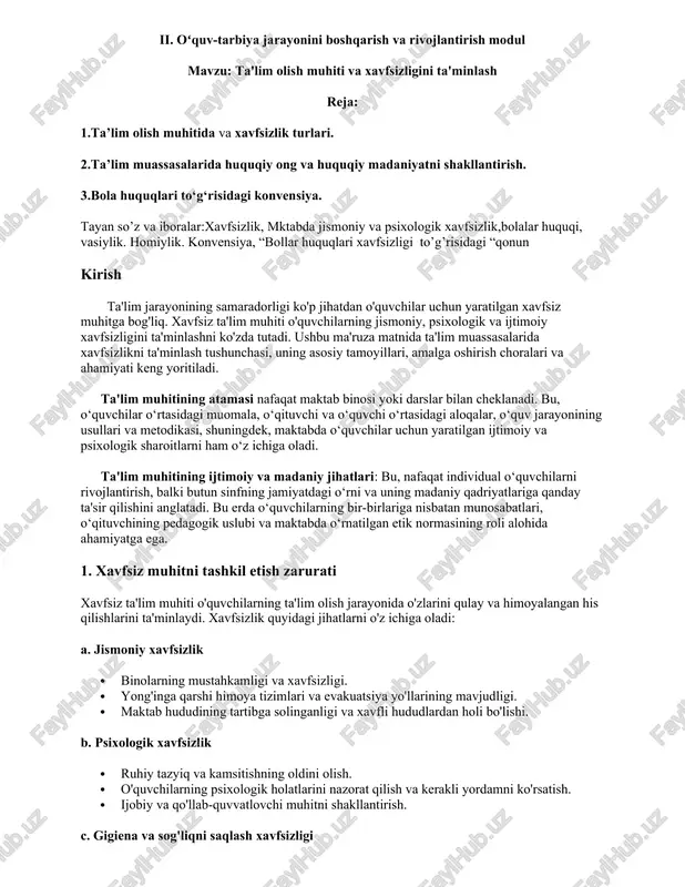 ta'lim olish muhiti va xavfsizligini ta'minlash — DOCX