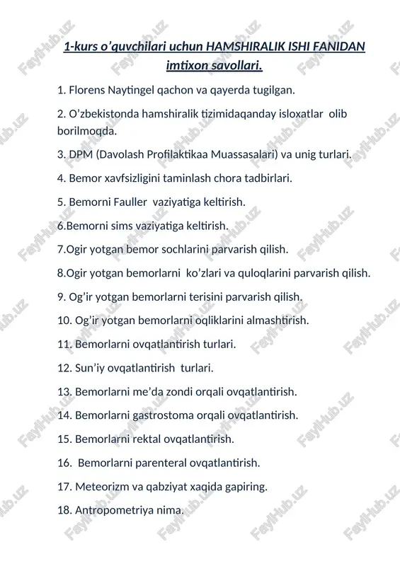 hamshiralik ishi fanidan imtixon savollari — DOCX