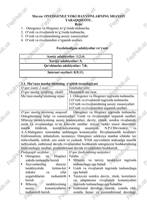 ontogenez yoki hayvonlarning shaxsiy taraqqiyoti — DOCX