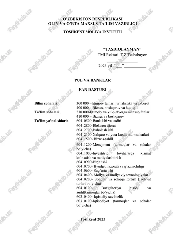 pul va banklar fan dasturi — DOCX