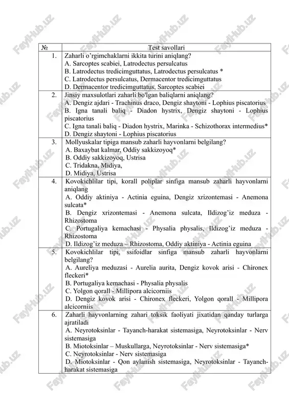 zaharli hayvonlar test savollari — DOCX