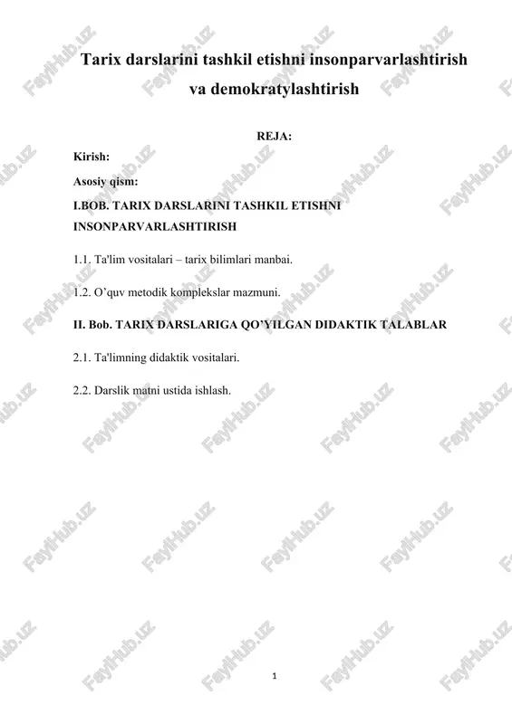 tarix darslarini tashkil etishni insonparvarlashtirish — DOCX