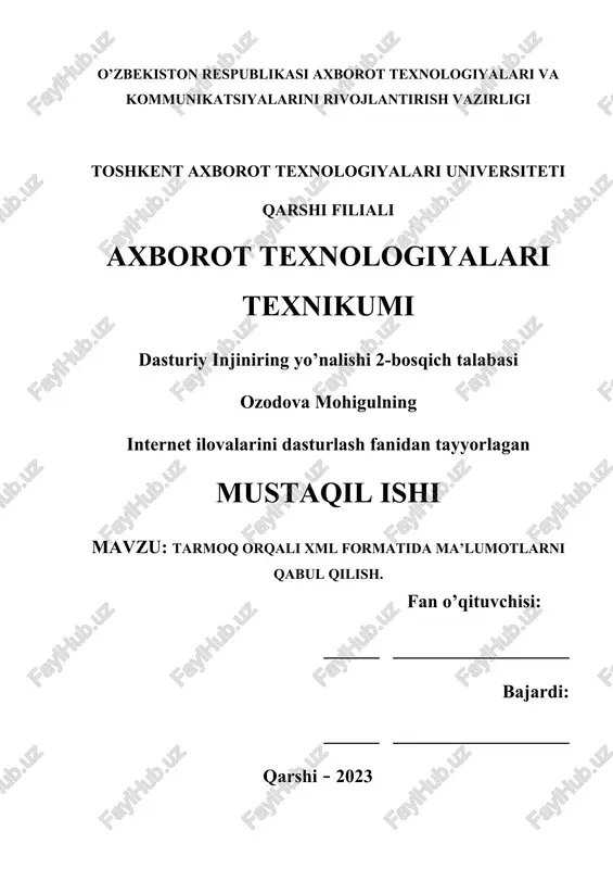 tarmoq orqali xml formatida ma'lumotlarni qabul qilish — DOCX