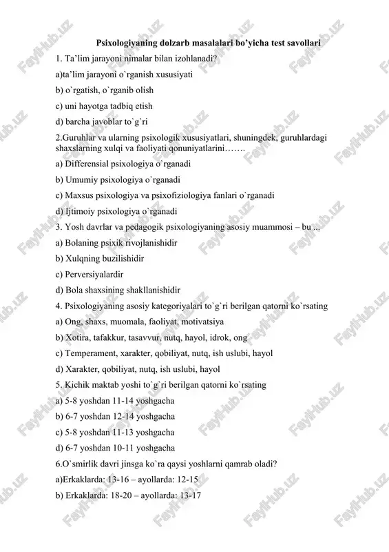 psixologiyaning dolzarb masalalari bo’yicha test savollari — DOCX