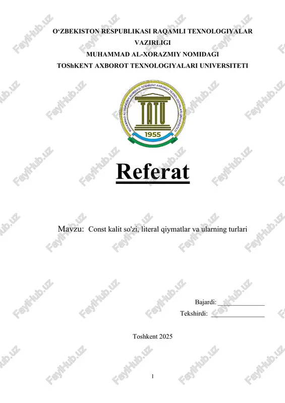 const kalit so'zi, literal qiymatlar va ularning turlari — DOCX
