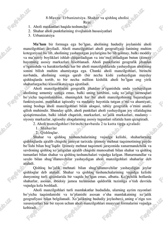 urbanizatsiya. shahar va qishloq aholisi — PDF