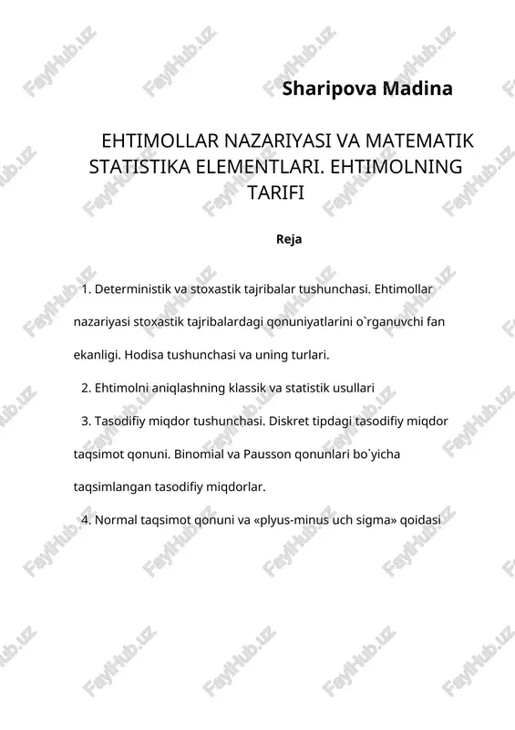 ehtimollar nazariyasi va matematik statistika elementlari. ehtimolning tarifi — DOC
