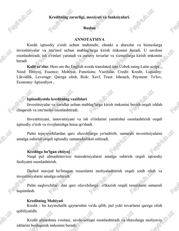 kreditning zarurligi, moxiyati va funksiyalari — DOCX
