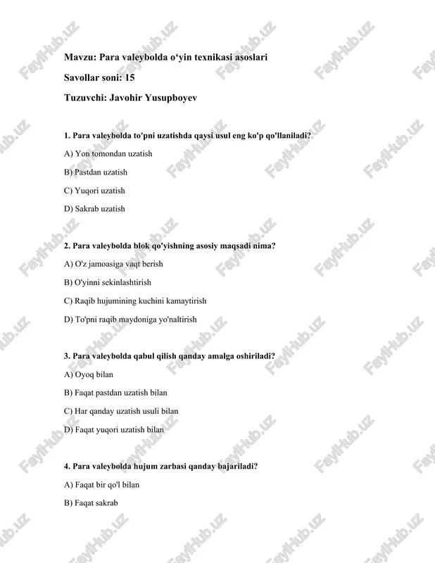 para valeybolda oʻyin texnikasi asoslari — DOCX