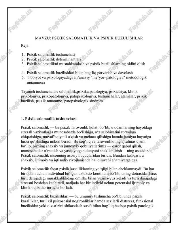 psixik salomatlik va psixik buzilishlar — DOCX