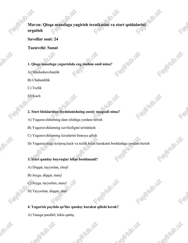 qisqa masofaga yugirish texnikasini va start qoidalarini orgatish — DOCX