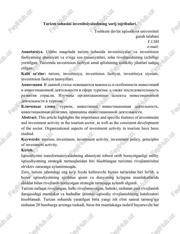 turizm sohasini investitsiyalashning xorij tajribalari — DOCX