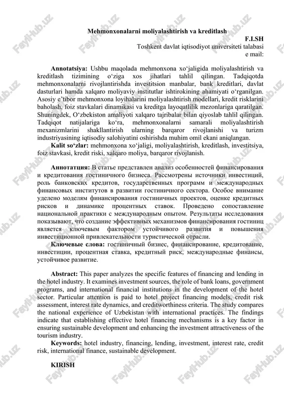 mehmonxonalarni moliyalashtirish va kreditlash — DOCX