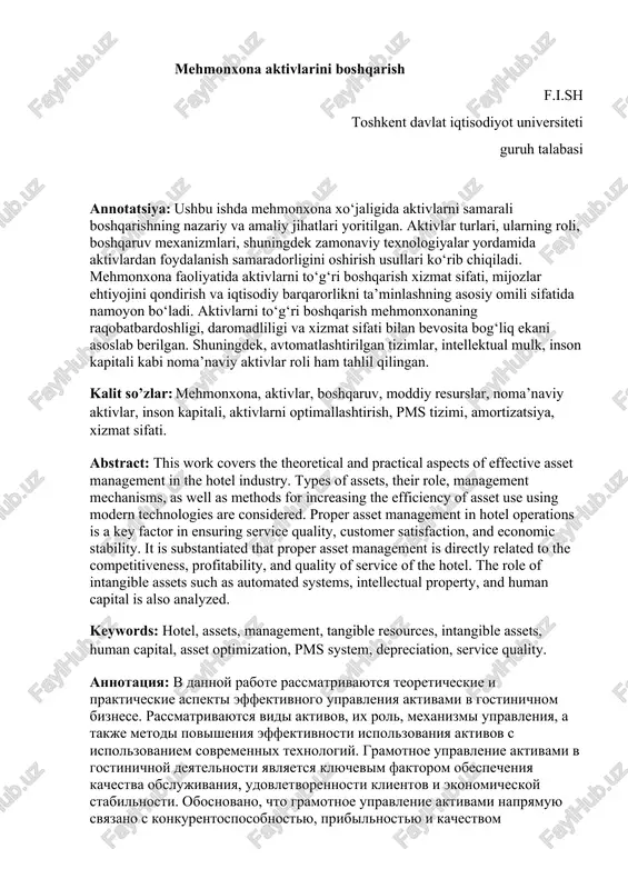 mehmonxona aktivlarini boshqarish — DOCX