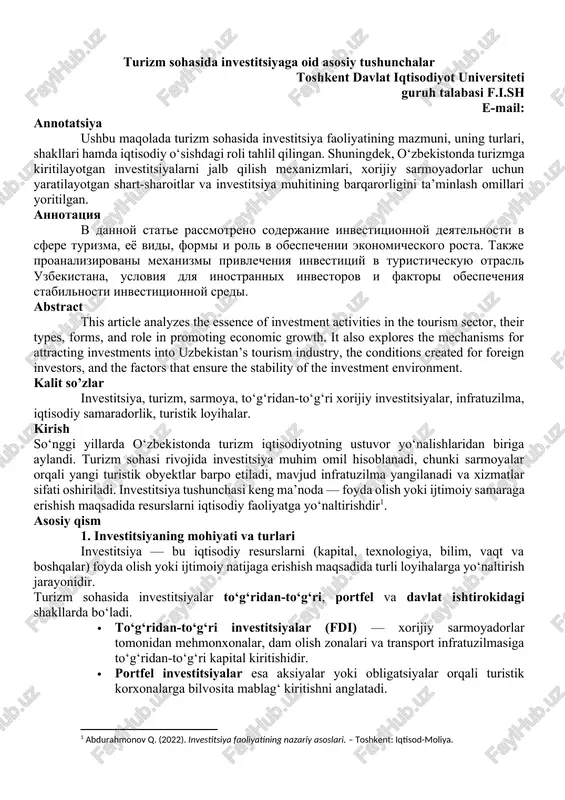turizm sohasida investitsiyaga oid asosiy tushunchalar — DOCX