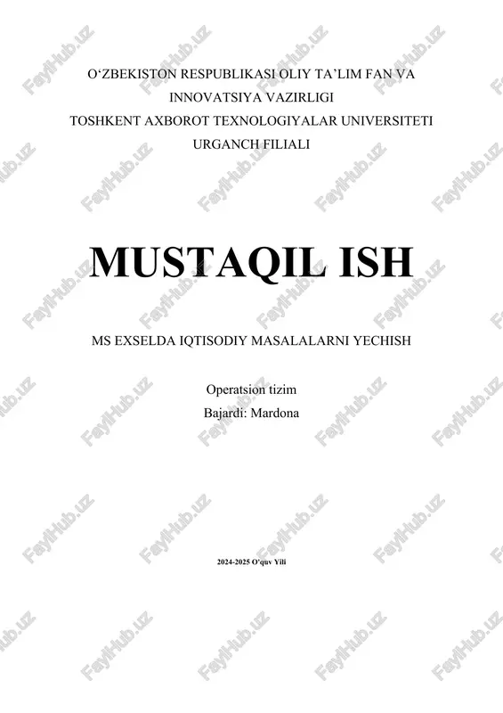 ms exselda iqtisodiy masalalarni yechish — DOCX