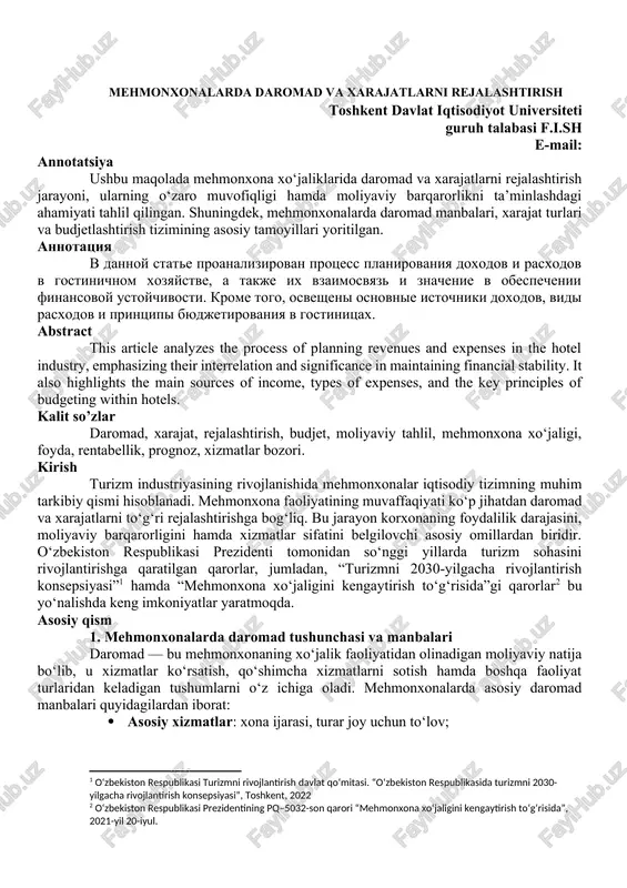 mehmonxonalarda daromad va xarajatlarni rejalashtirish — DOCX
