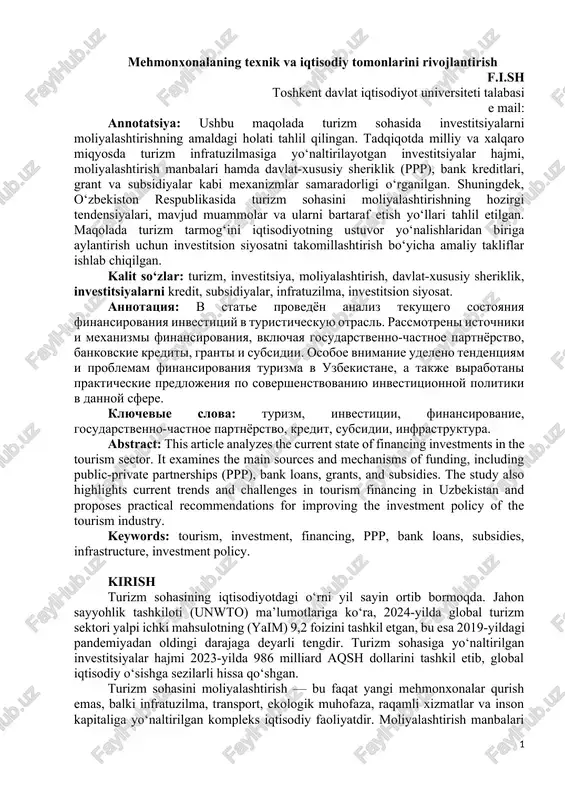 turizm sohasida investitsiyalarni moliyalashtirish — DOCX