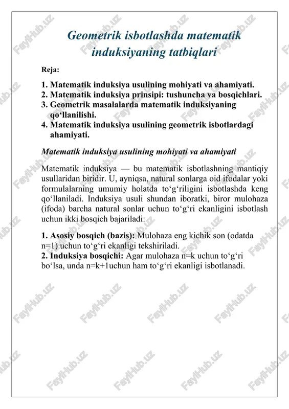 geometrik isbotlashda matematik induksiyaning tatbiqlari — DOCX