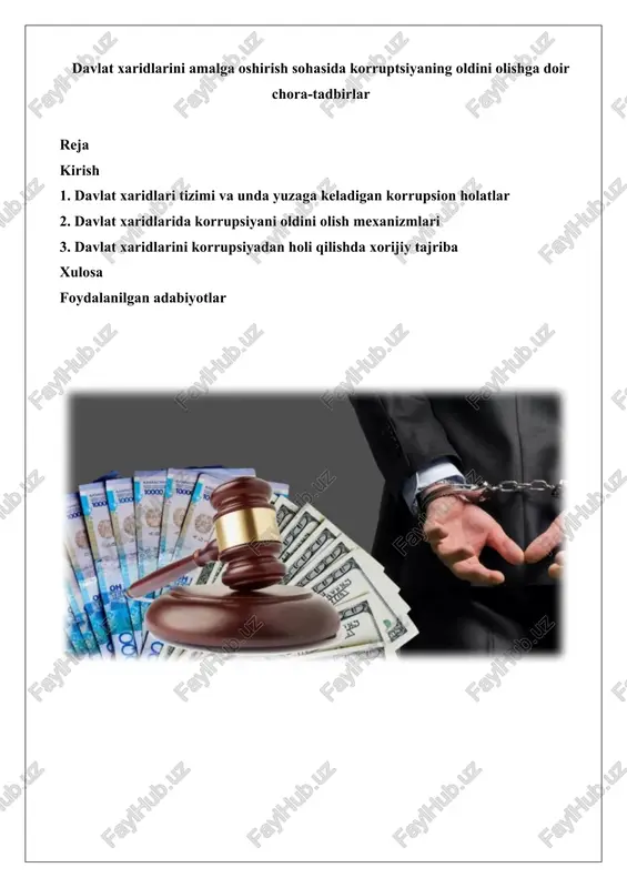 davlat xaridlari korrupsiyani oldini olishga doir chora-tadbirlar — DOCX