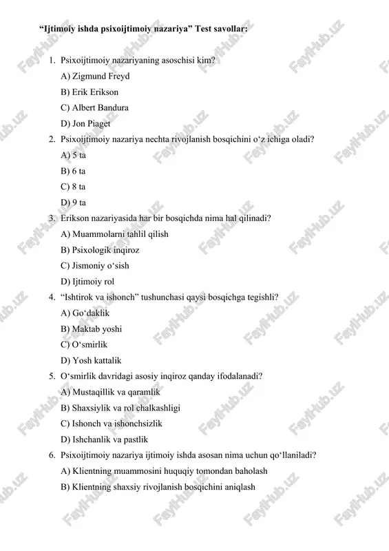ijtimoiy ishda psixoijtimoiy nazariya test savollar — DOCX