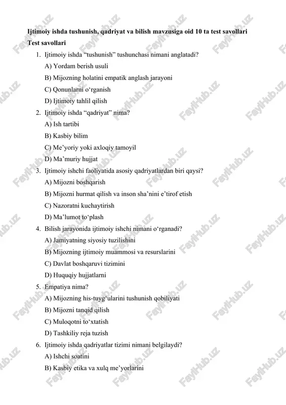 ijtimoiy ishda tushunish, qadriyat va bilish mavzusiga oid 10 ta test savollari — DOCX