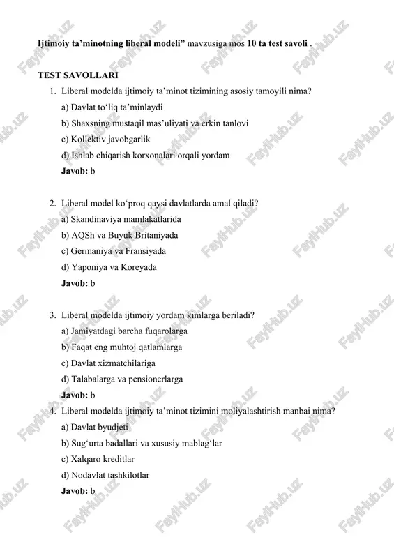 ijtimoiy ta’minotning liberal modeli test savollari — DOCX